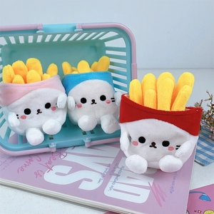 Cute plush french fries doll charms in pink blue and red displayed in a mini basket
