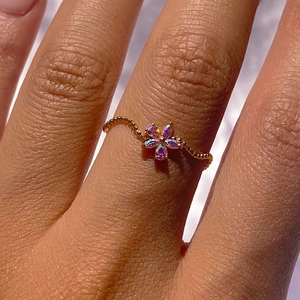 Flower Ring For Women Brass Iridescent Cubic Zirconia Five Petal Aurora Stone Beaded Wavy Band Trendy