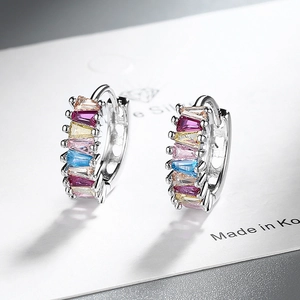 S925 sterling silver hoop earrings with multicolored baguette-cut zircon gemstones
