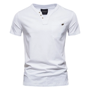 White cotton short sleeve Henley shirt for men with classic three-button neck and chest pocket