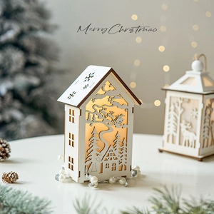 Illuminated Christmas wooden cabin ornament with deer forest patterns and warm LED light