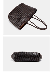 Macro detail of dark brown woven leather tote showing tight craftsmanship and inner lining