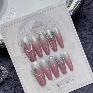 Handmade Peach Pink Cat Eye Press On Nails Long Coffin Shape Gradient Glitter False Nails With Metal Bowknot Rhinestone For Women