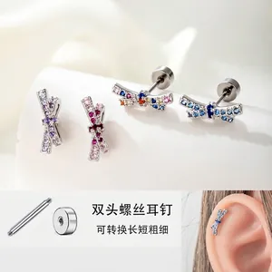 Bowknot Cartilage Piercing Stud Earrings Zircon Inlaid Titanium Steel Copper Threaded Flat Back Screw Jewelry For Women
