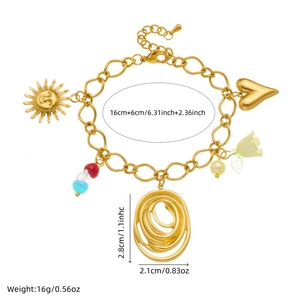 Gold-plated chain bracelet set with colorful beads, sun, heart and flower charms