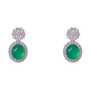 Vintage style round chalcedony earrings with green gemstones and zircon halos in silver finish