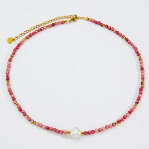 Pink stone and pearl handmade necklace with golden stainless steel extender chain