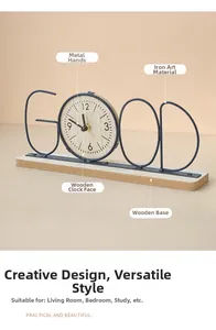 Detail of artistic GOOD-shaped desk clock featuring deep blue iron and solid wood base
