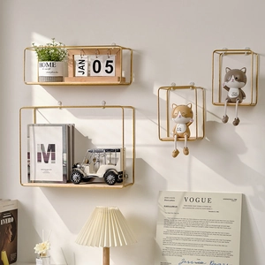 Metal Iron Wall Mounted Floating Shelf With Wood Base Nordic Minimalist Geometric Frame For Living Room Bedroom Home Decor