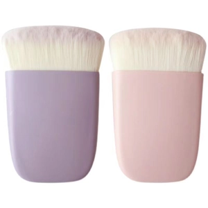 Lentil powder brushes with purple and pink handles and soft flat synthetic bristles