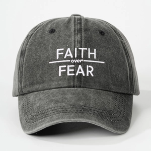 Vintage washed gray cotton baseball cap featuring FAITH over FEAR white embroidery
