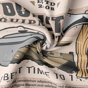 Gros plan d'un tissu de camping rétro montrant des illustrations vintage et un sergé