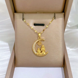 Stainless Steel Copper Crescent Moon Pendant Necklace With Cubic Zirconia Mother And Child Silhouette Heart Gift