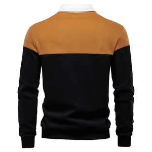 Back view of high-quality long-sleeved Polo sweatshirt in yellow and black contrast color