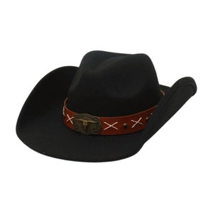 Classic black wool cowboy hat with brown leather band and vintage bull head buckle