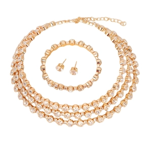 Three-piece bridal jewelry set with four-layer rhinestone necklace bracelet and earrings