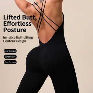 Nahtloser Yoga-Jumpsuit mit überkreuztem Rücken aus schwarzem Rippstoff für Training