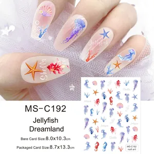 Detail view of jellyfish and seashell nail art stickers on a romantic purple lace background
