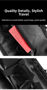 Close-up of black leather crossbody bag with security zippers and organized pockets