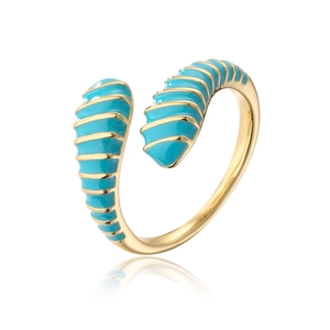 Detailed view of adjustable 18K gold-plated open ring with sky blue enamel stripe