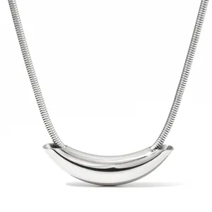 Macro view of polished silver curved tube pendant and glossy snake chain necklace
