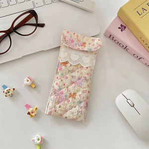 Quilted floral glasses pouch with heart lace detail and soft cotton padding textures