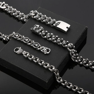 Gothic punk double-row skull bracelets in silver stainless steel for men's jewelry