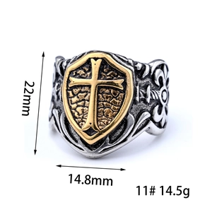 Vintage silver and gold cross shield ring with 22mm height and 14.8mm width dimensions