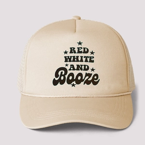 Front view of beige mesh trucker hat with Red White and Booze print and rope detail