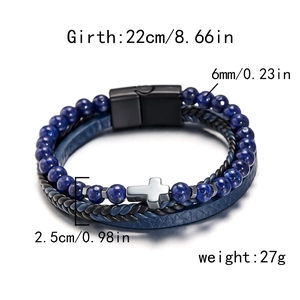 Detail view of multi-layer blue leather bracelet with silver cross and size measurements