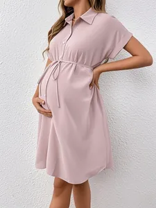 Short sleeve maternity dress with button front and adjustable waist drawstring