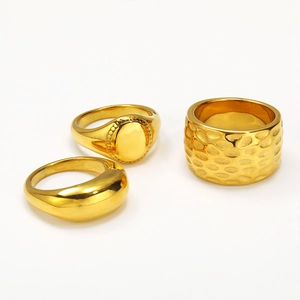Vintage Minimalist Titanium Steel Rings For Women Eighteen Karat Gold Plated Hammered Geometric Signet Dome Ring Finger Jewelry
