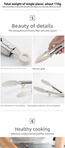 Detail of food-grade silicone tongs featuring a locking mechanism and non-slip scalloped head