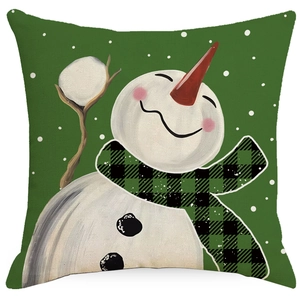 Christmas snowman decorative pillowcase with green background and white snowflake dots