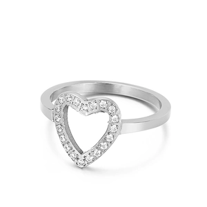Elegant hollow heart ring in silver finish with micro-paved white zircons for women