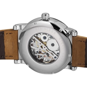Classic men's skeletal mechanical watch with silver stainless steel case and exhibition back