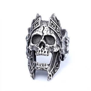 Gothic skull ring for men in antique silver finish with crown engraving detail