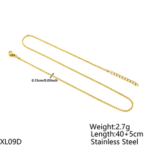 Detailed specs of golden stainless steel bead chain necklace, 40+5cm length, 2.7g weight