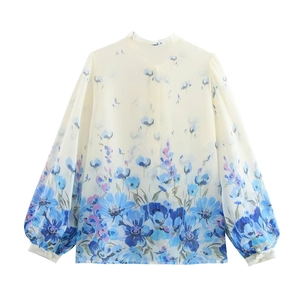 Camicetta in chiffon a fiori con scollo a fiocco e maniche a lanterna beige