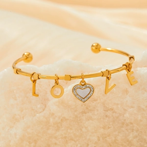 Adjustable golden stainless steel C-shaped cuff bracelet with heart and LOVE charm