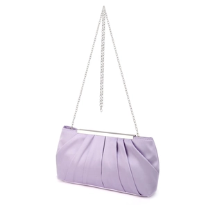 Detail of elegant purple pleated satin clutch bag with silver metal frame and chain strap