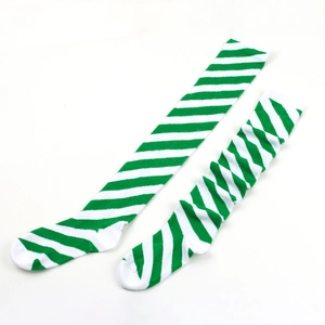 Close-up of green and white diagonal striped over-knee socks showing elasticity and length
