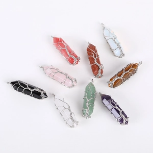 Set of nine hexagonal amethyst and gemstone Tree of Life wire wrapped pendants