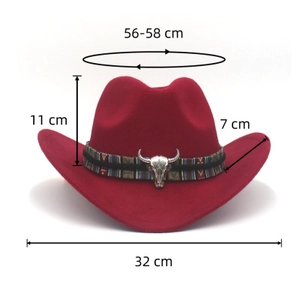 Chapeau de cowboy rouge en feutre avec guide des tailles 56-58cm et détail tête de mort