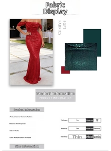 Détails de la robe de soirée à paillettes rouges et texture du tissu vert foncé