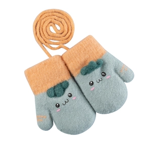Winter thermal thick plush children's gloves with green and orange cartoon design and cord