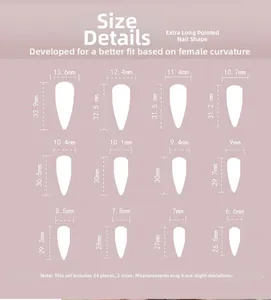 Size chart for 24pcs long stiletto press-on nails with 12 detailed width and length measurements