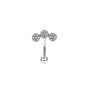 Surgical steel eyebrow piercing featuring three sparkling clear zircon heart stones