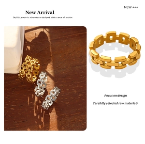Detailed view of hollow chain link rings in polished gold and silver finishes