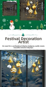Detailed view of Merry Christmas window clings with gold and silver hanging baubles